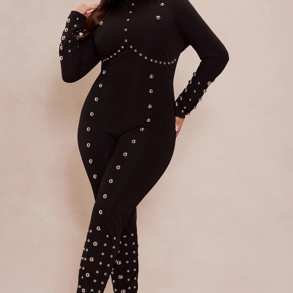 Sleek Black Studded Jumpsuit with High Neckline
